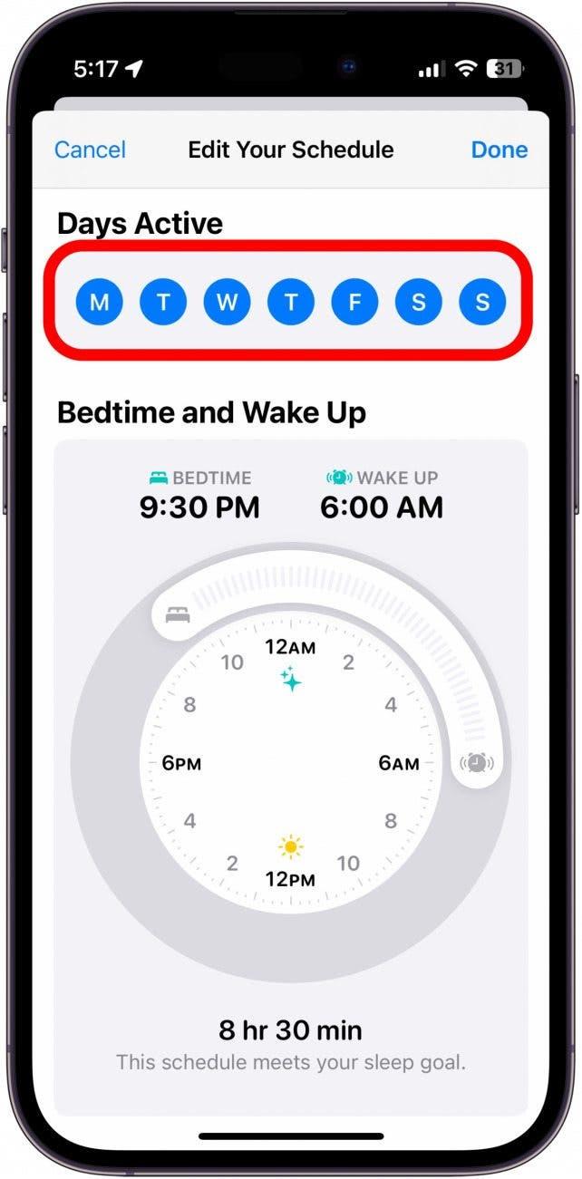 Capture d'écran de l'agenda de sommeil de l'iPhone avec les jours actifs entourés en rouge