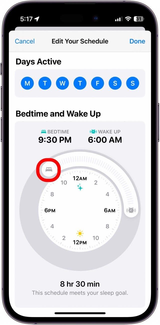 Capture d'écran de l'agenda de sommeil de l'iPhone avec le curseur de l'heure du coucher entouré en rouge.