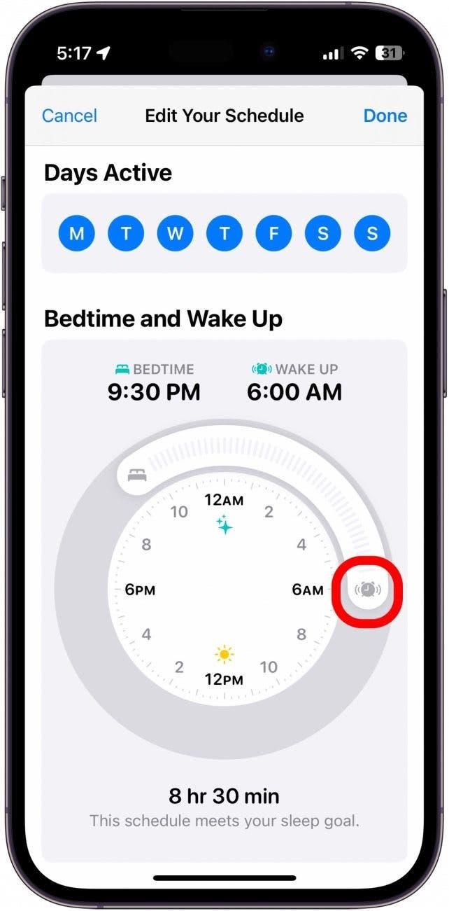 Capture d'écran de l'agenda de sommeil de l'iPhone avec le curseur de réveil encerclé en rouge