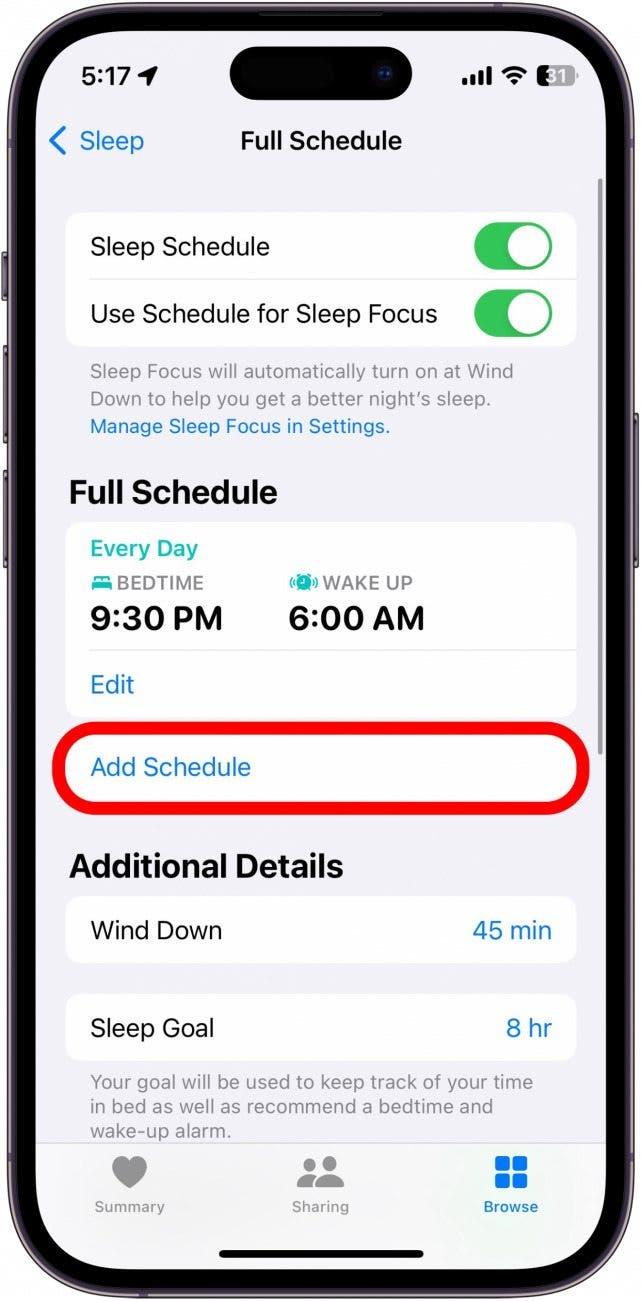 Capture d'écran du menu sommeil de l'application santé d'iphone avec l'option Modifier le programme encerclée en rouge.