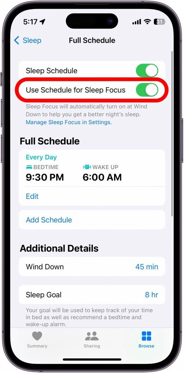 Capture d'écran du menu sommeil de l'application santé d'iphone avec l'option "utiliser l'horaire pour le sommeil" encerclée en rouge.