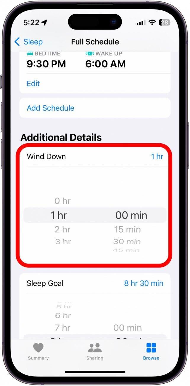 Capture d'écran du menu sommeil de l'application iPhone Santé avec le temps de repos encerclé en rouge.