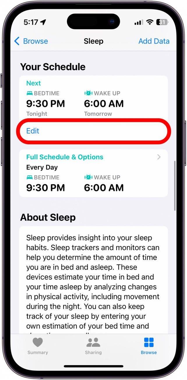 Capture d'écran du menu sommeil de l'application Santé sur iPhone avec le bouton d'édition sous l'horaire suivant entouré en rouge.