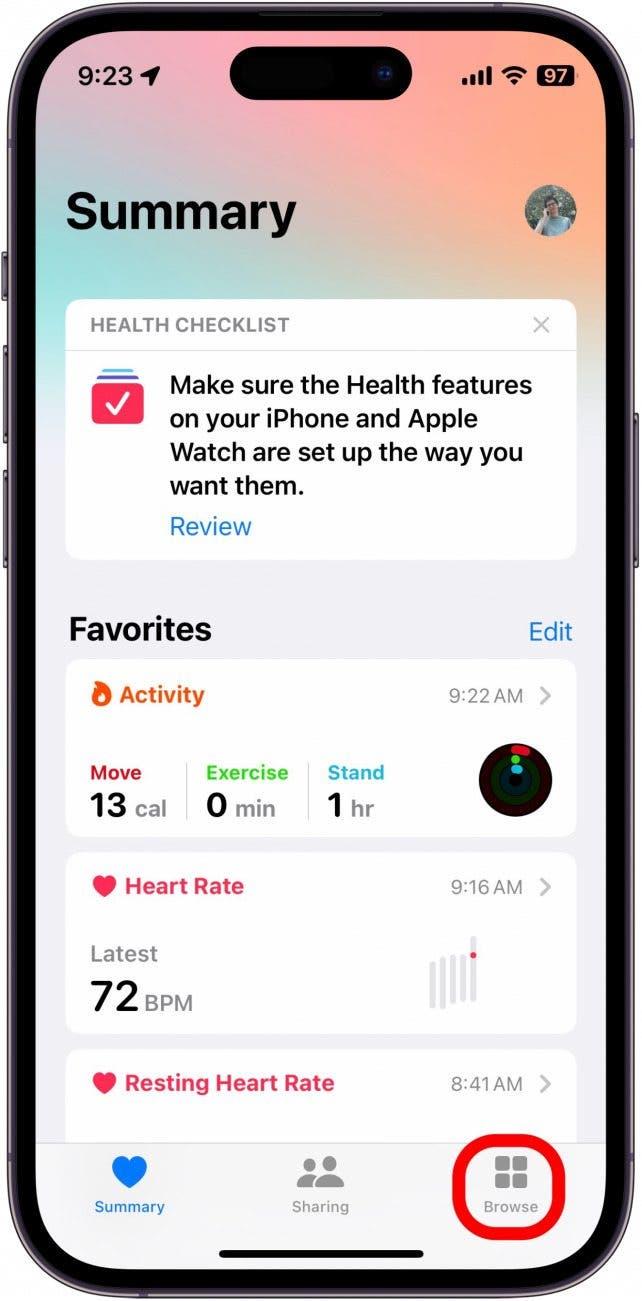 application santé iphone avec l'onglet "browse" entouré en rouge