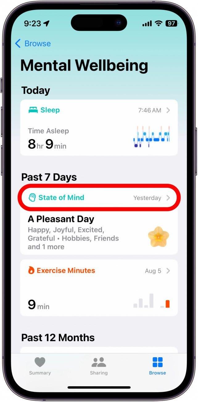 application santé iphone, section bien-être mental avec option état d'esprit entourée de rouge