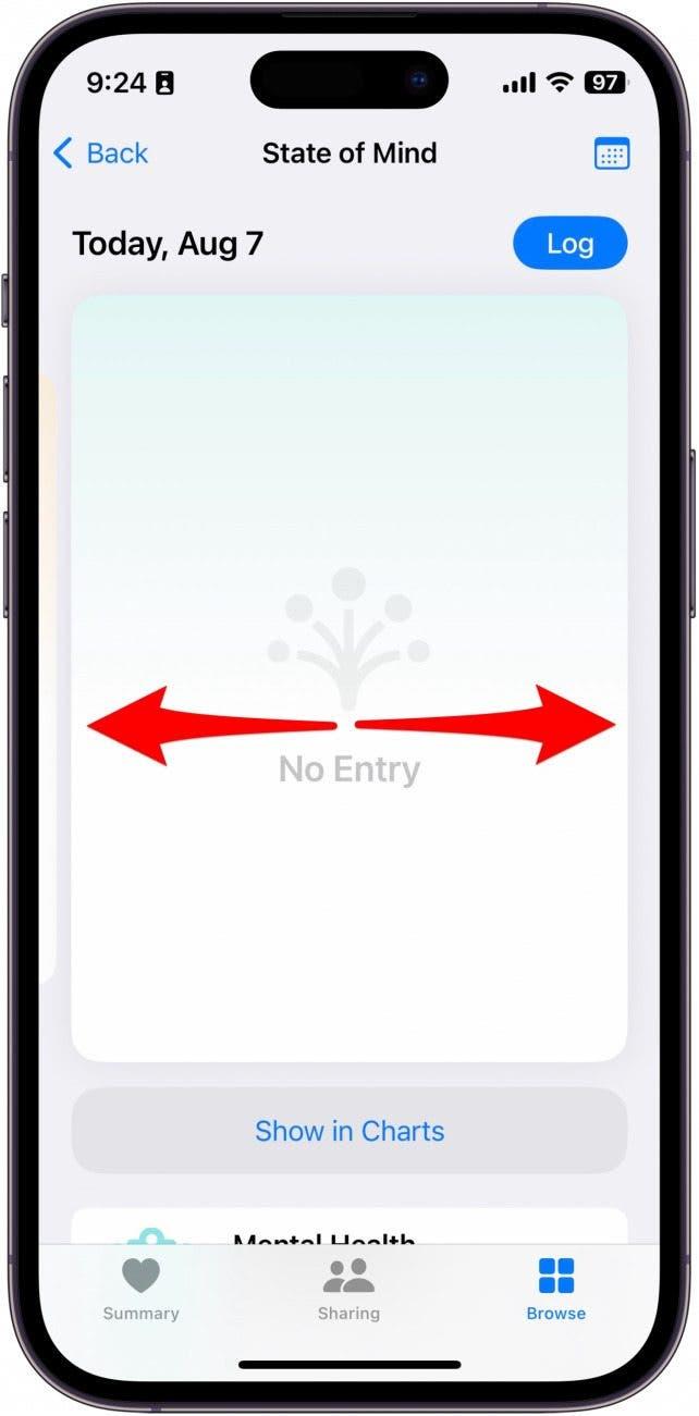 journal de bord de l'état d'esprit sur iphone avec flèches rouges pointant vers la gauche et la droite, indiquant de glisser vers la gauche ou la droite