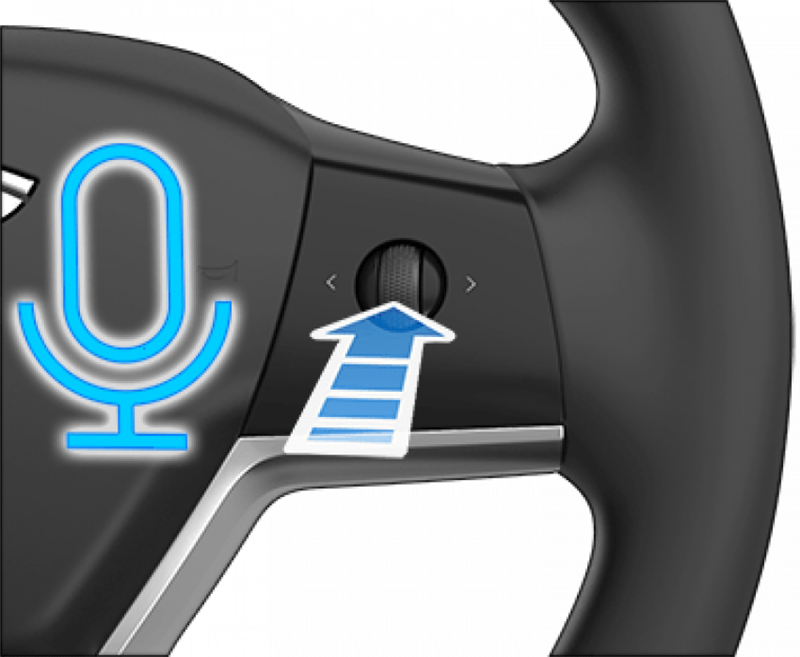 На автомобиле Tesla Model 3 или Y Вы можете нажать правую кнопку прокрутки на рулевом колесе или коснуться кнопки микрофона на сенсорном экране.