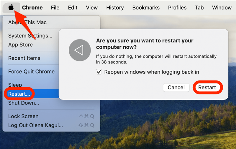 Wenn Ihr Mac eingeschaltet und aufgeladen ist und über ein funktionierendes Trackpad verfügt, starten Sie Ihren Mac neu, indem Sie das Apple-Symbol in der Menüleiste oben links auswählen, "Neu starten" wählen und dann erneut auf "Neu starten" klicken.