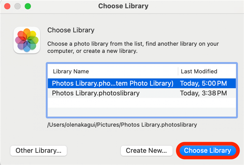 Haga clic en la Fototeca que desee transferir y, a continuación, en Elegir biblioteca. Ahora, puede mover la biblioteca que ha seleccionado al disco duro externo.
