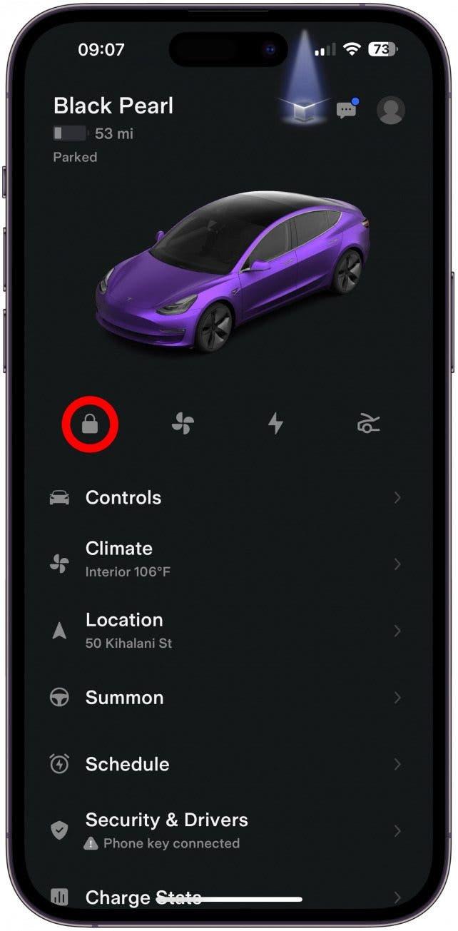 Bruk Tesla-appen til å låse bilen hvor som helst.