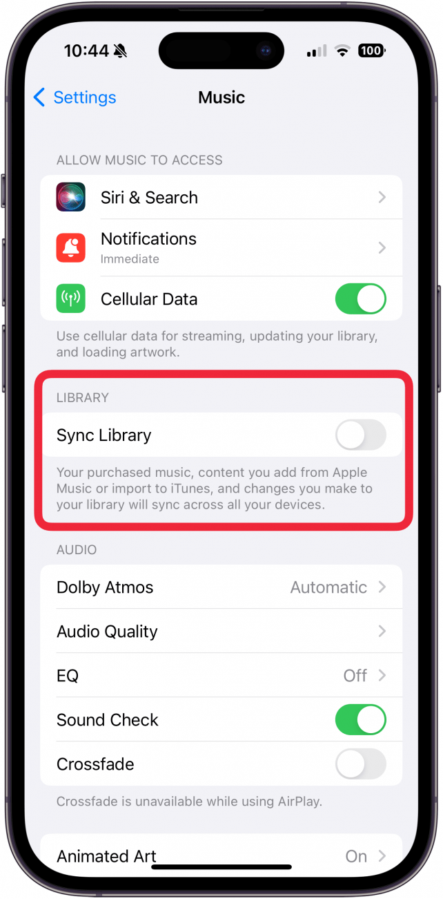 vypněte synchronizaci knihovny v nastavení apple music