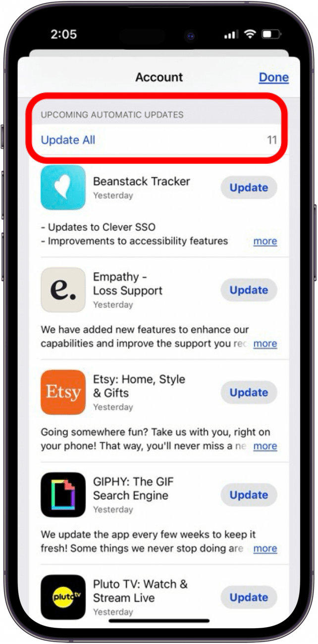 touchez "update all" dans l'app store pour mettre à jour les applications