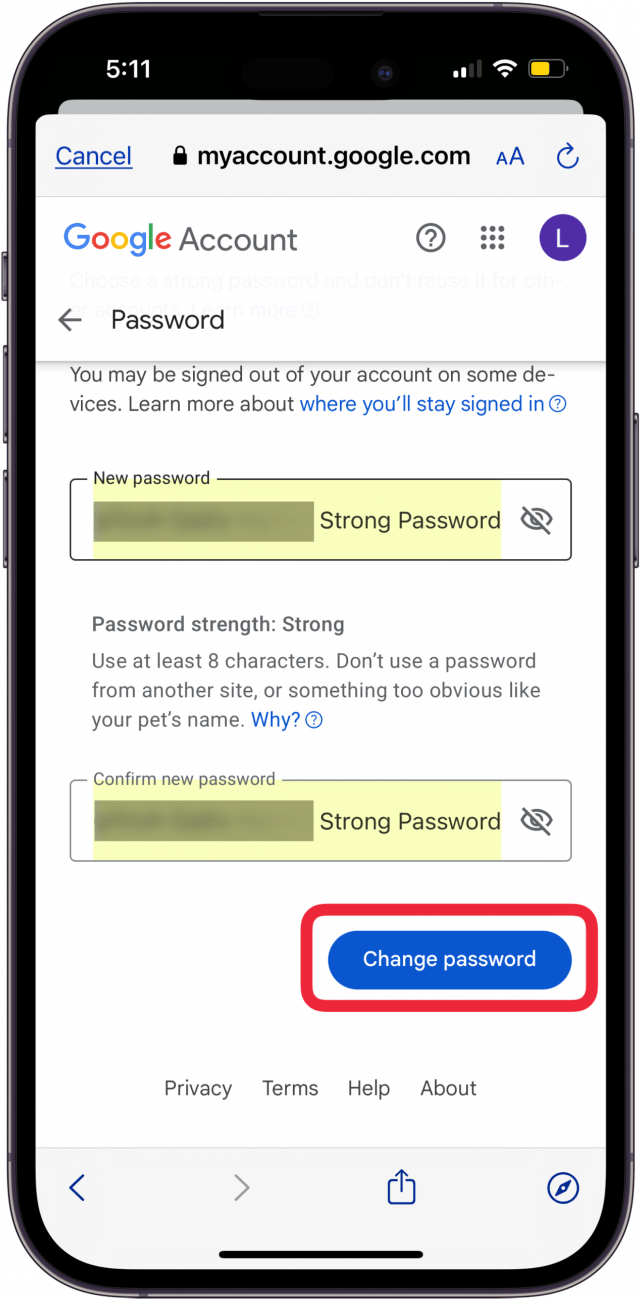 tippen Sie auf Passwort ändern, um das Google-Passwort auf dem iPhone zu ändern