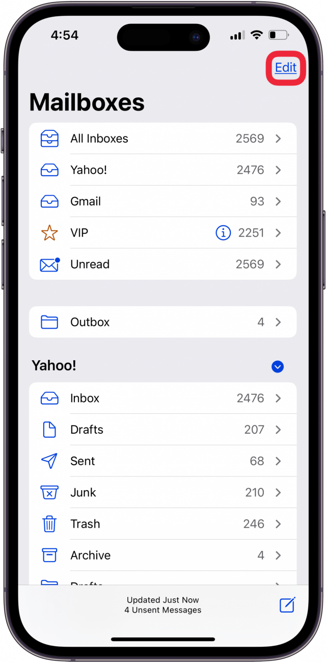 toccare modifica per ripristinare le e-mail mancanti su iPhone