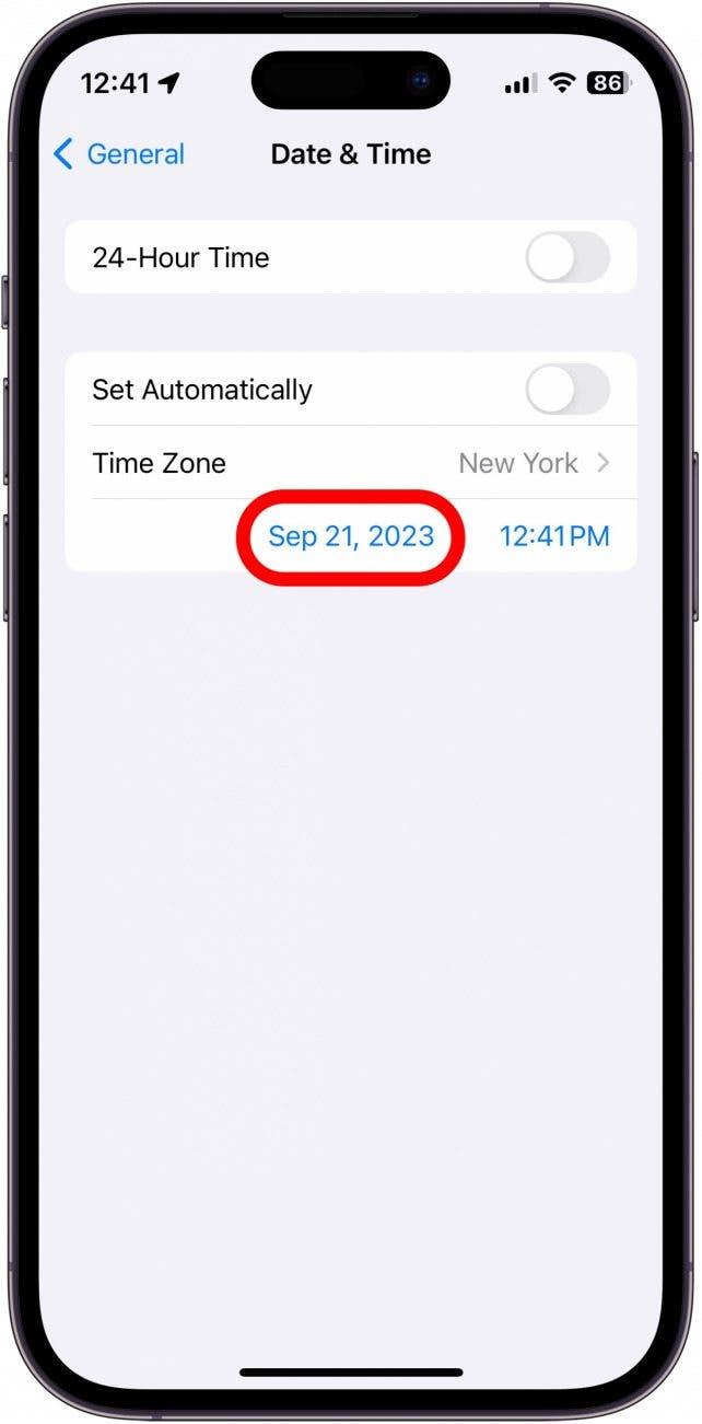 definições de data e hora do iphone com data circulada a vermelho