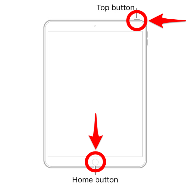Appuyer sur le bouton Home et le bouton supérieur et les maintenir enfoncés