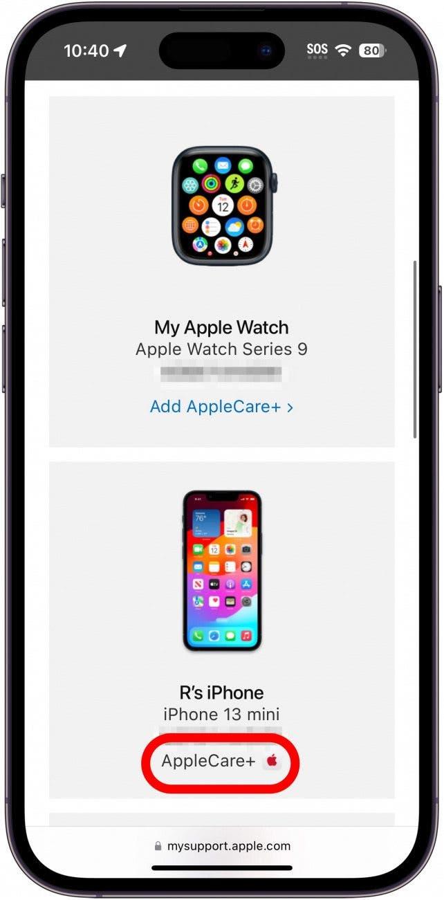 iphone safari webová stránka mysupport.apple.com zobrazující seznam zařízení s červeně zakroužkovanou ikonou applecare