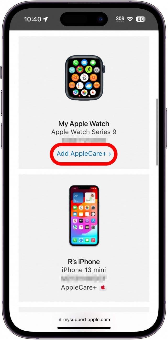 iphone safari webová stránka mysupport.apple.com zobrazující seznam zařízení s červeně zakroužkovanou ikonou add applecare plus