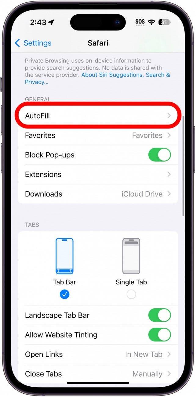 Réglages safari d'iphone avec l'option de remplissage automatique encerclée en rouge