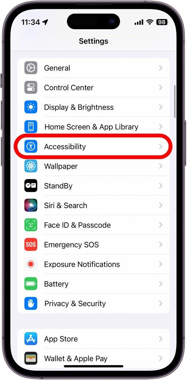 Capture d'écran des réglages d'iphone avec l'accessibilité entourée en rouge