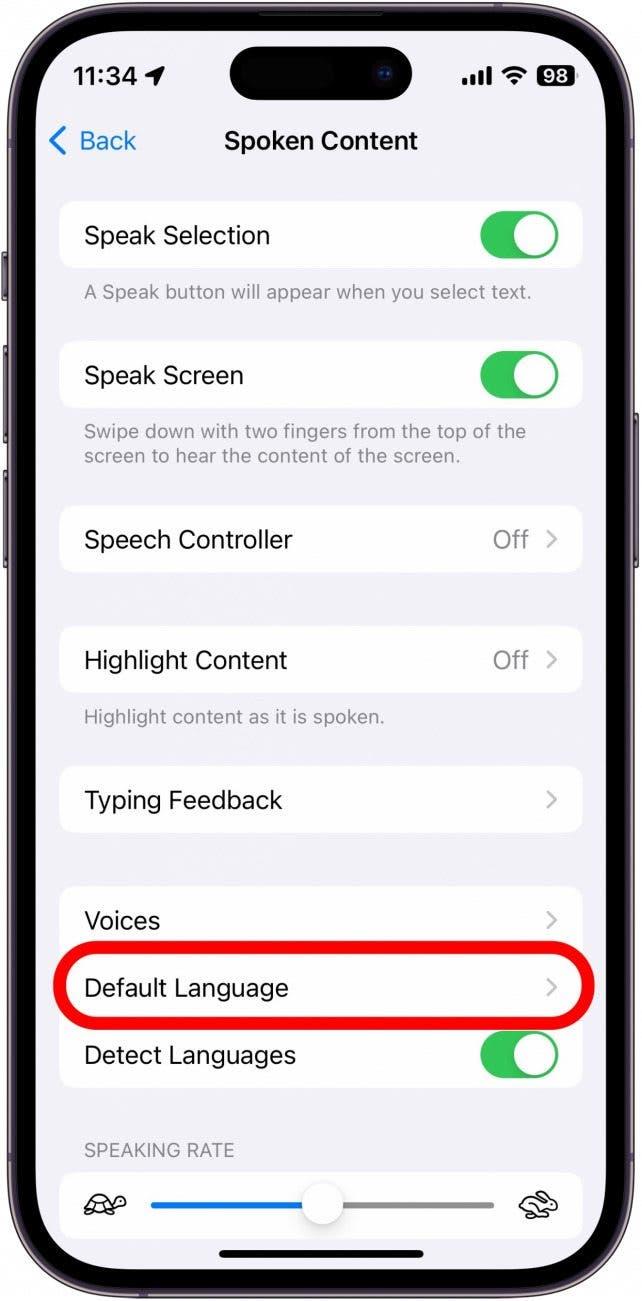 Capture d'écran des réglages de la synthèse vocale de l'iPhone avec la langue par défaut entourée en rouge