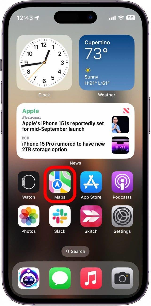 écran d'accueil de l'iphone avec l'application maps entourée en rouge