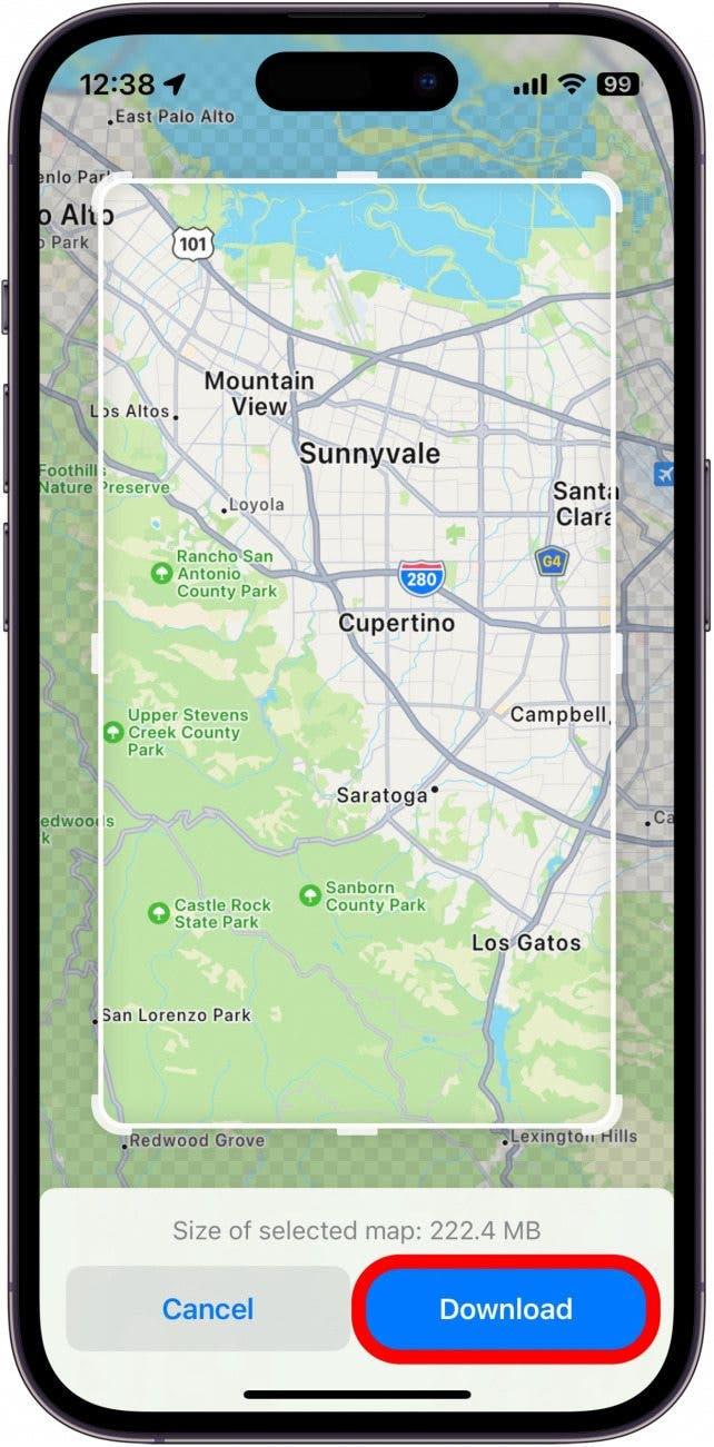 apple maps offline maps menu with download button circled in red (menu des cartes hors ligne d'apple maps avec le bouton de téléchargement encerclé en rouge)