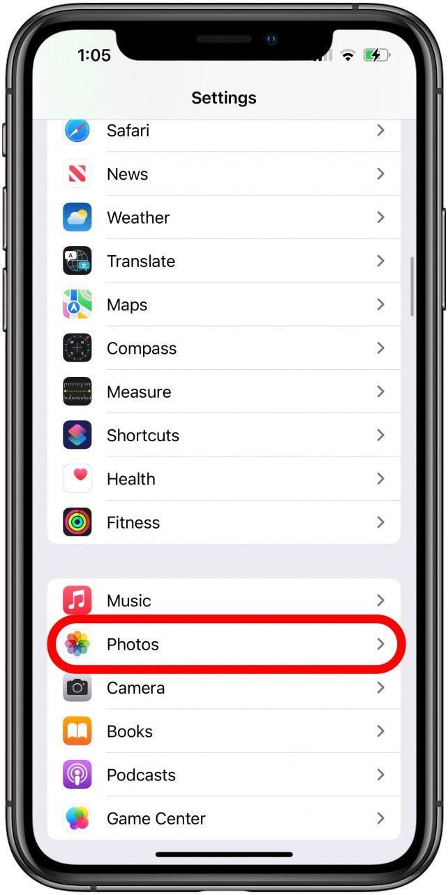 toque em fotografias nas definições do iphone e do ipad