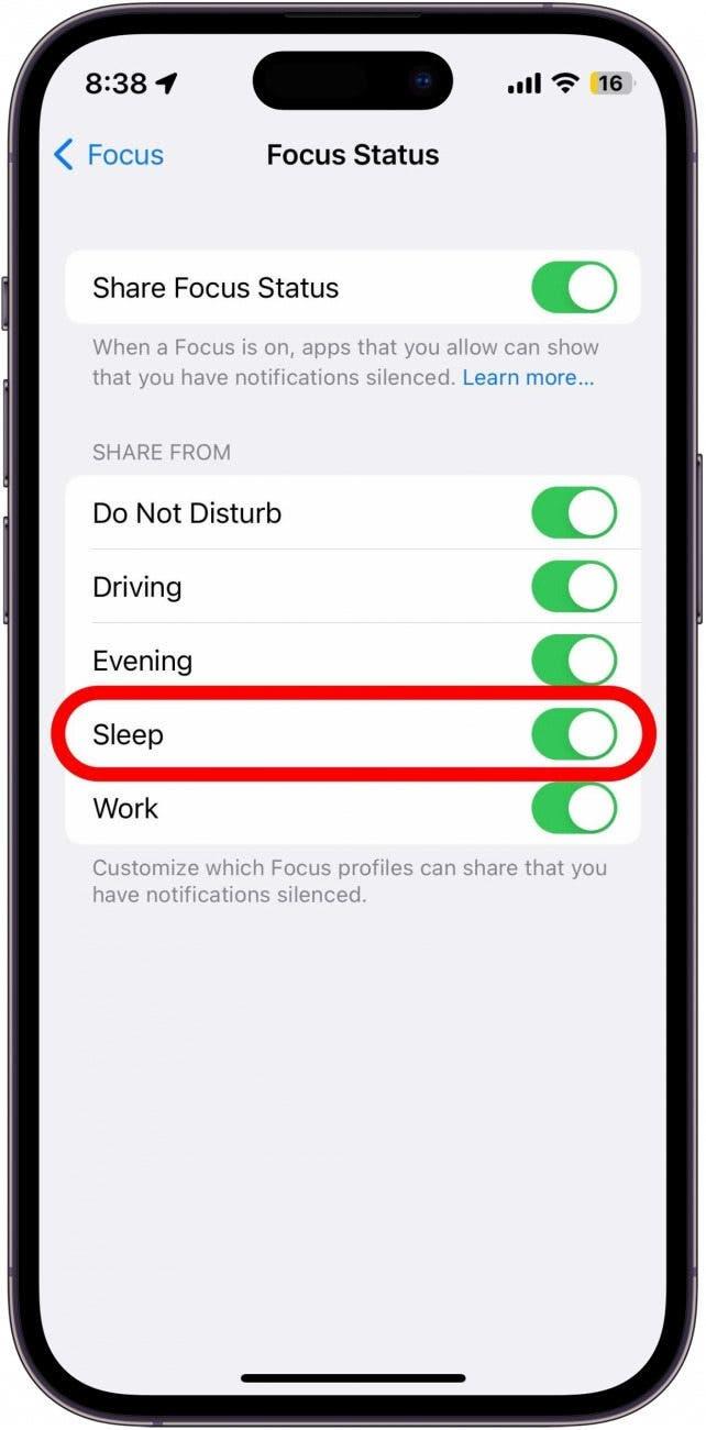 Por exemplo, se não quiser que ninguém possa enviar-lhe mensagens de texto enquanto estiver a dormir, toque no botão de alternância junto a Dormir.
