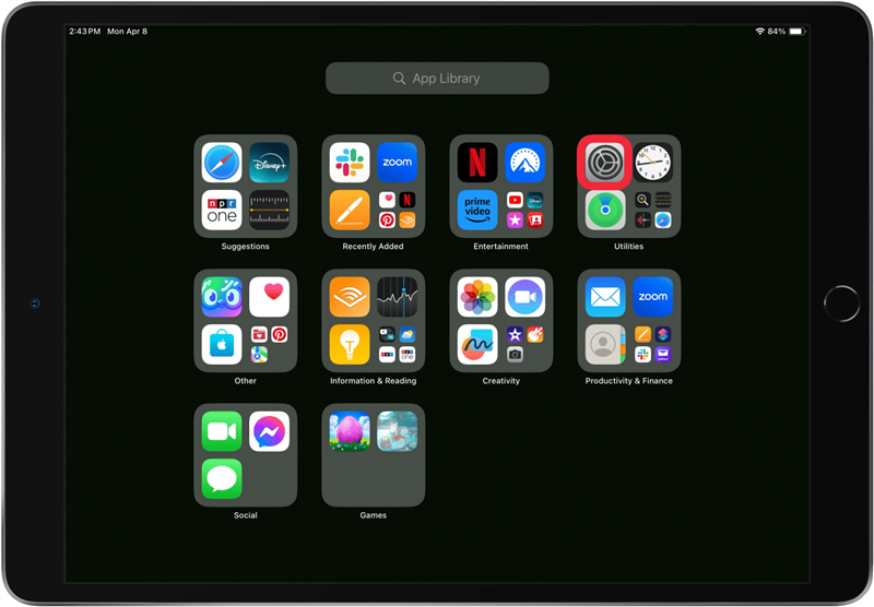 öppna appen Inställningar om hemknappen i iPad inte fungerar