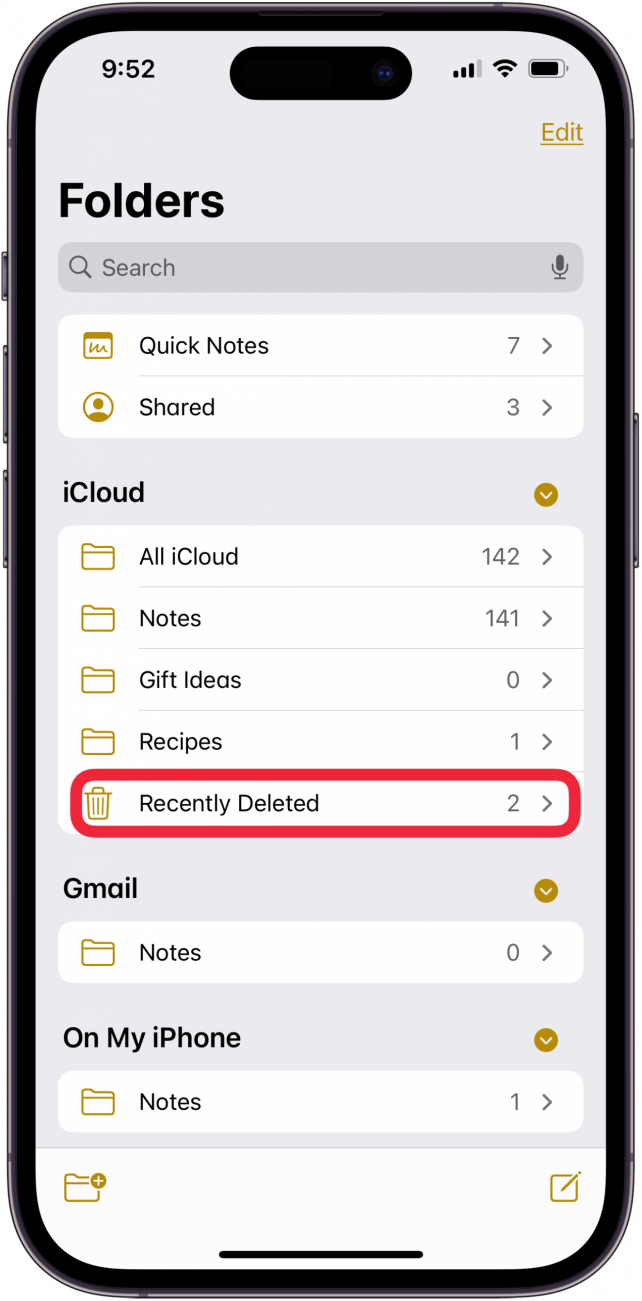 tippen Sie auf Kürzlich gelöscht, um den iPhone-Papierkorb in der Notizen-App zu leeren