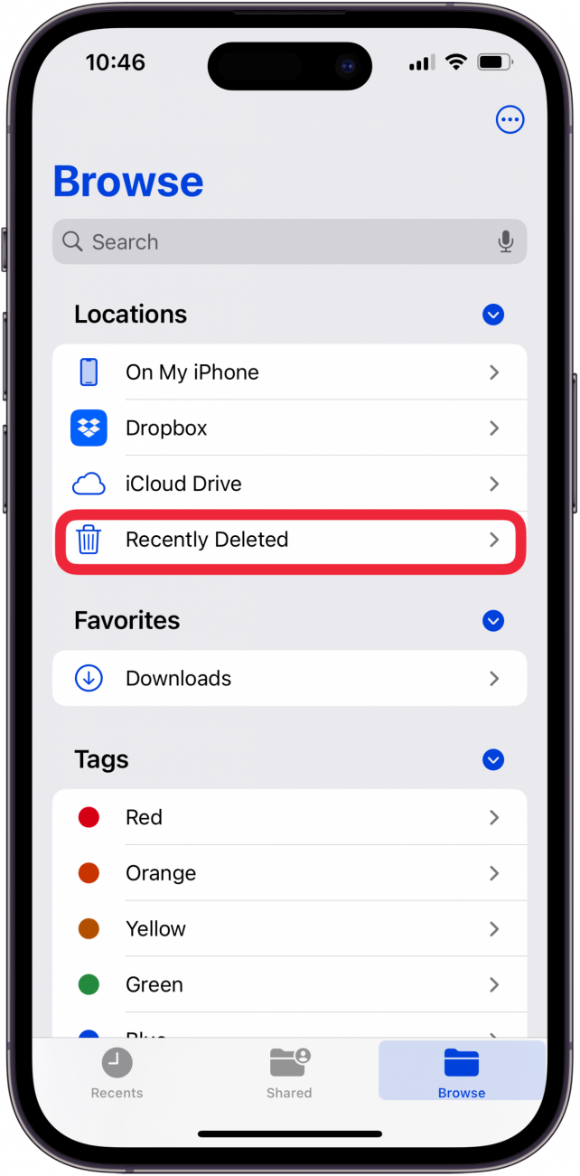 toccare Eliminati di recente per cancellare i file eliminati su iphone e ipad