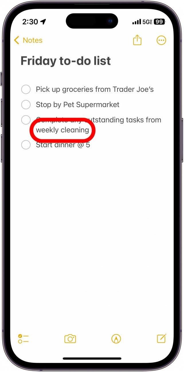 nota del iphone con el texto "limpieza semanal" rodeado de un círculo rojo