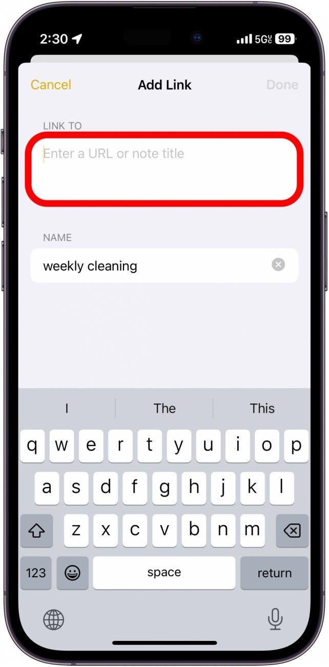notes pour iphone menu d'ajout de lien avec cercle rouge autour du champ de saisie de texte
