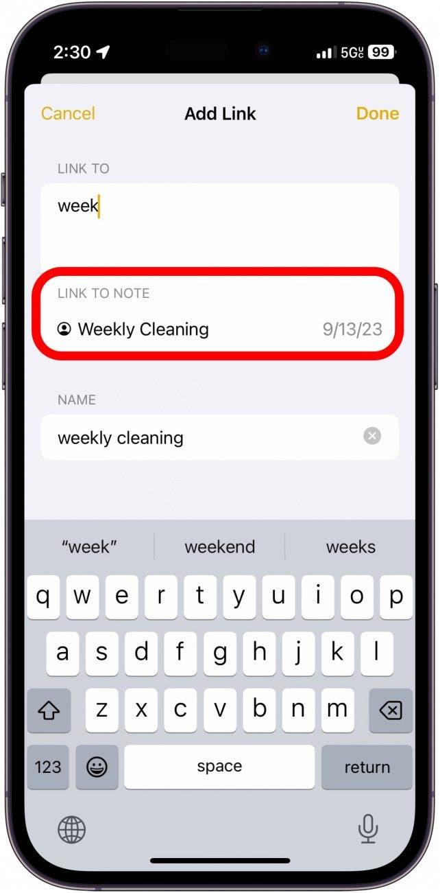 notas de iphone adicionar menu de ligação com um círculo vermelho à volta da nota a ligar (intitulada limpeza semanal)