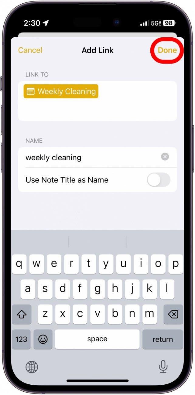iphone notes добавить ссылку меню с красным кругом вокруг кнопки готово