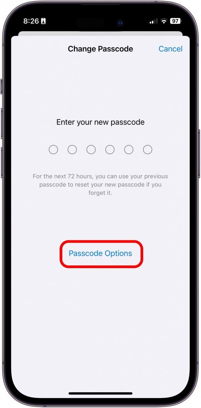 Затем введите новый пароль. Нажмите Опции пасскода для дополнительных опций для пасскодов.