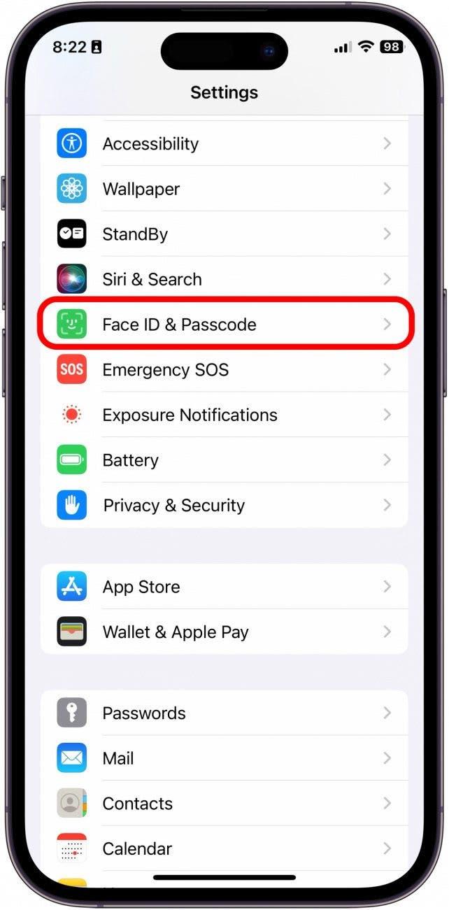 Toccare Face ID & Passcode.
