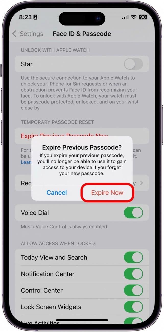 Trykk på Utløper nå. Alternativet forsvinner, og ingen vil kunne bruke det gamle passordet for å få tilgang til iPhone.