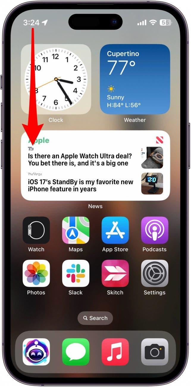 Écran d'accueil de l'iphone avec une flèche rouge pointant vers le bas depuis le bord supérieur gauche, indiquant qu'il faut glisser vers le bas depuis le bord supérieur droit.