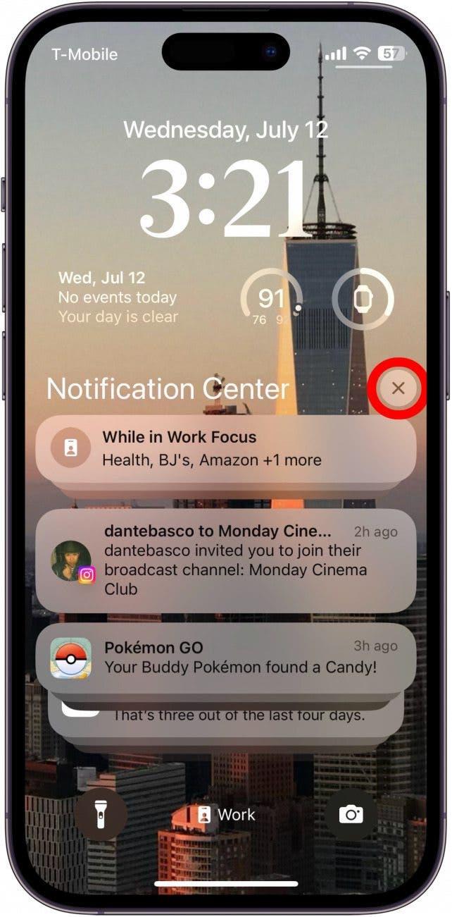 centre de notification d'iphone avec l'icône X entourée de rouge
