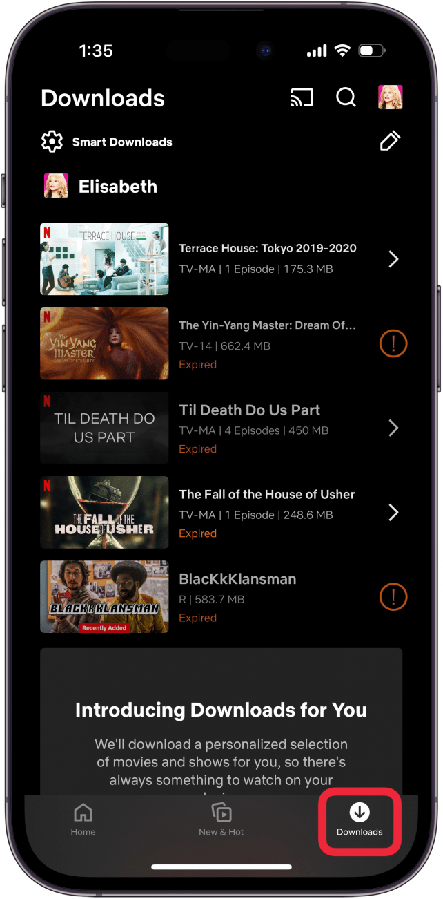 Tippen Sie auf Downloads, um heruntergeladene Filme auf dem iPhone oder iPad anzusehen