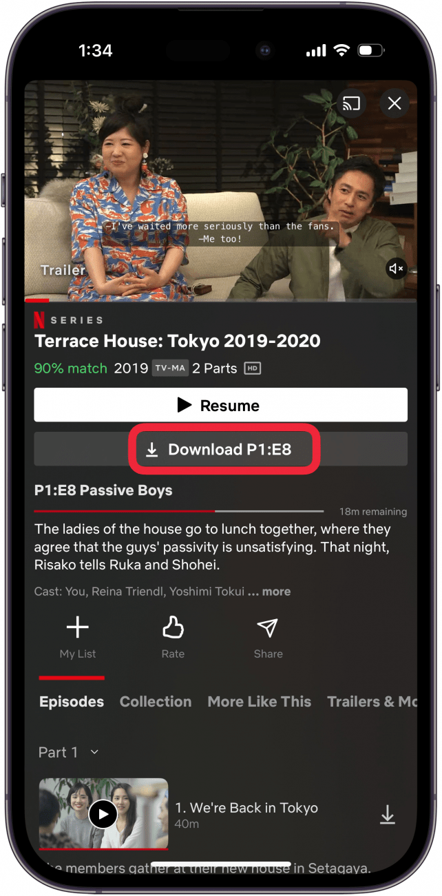 Netflix-Film-Downloader Tippen Sie auf "Download" in der Netflix-App