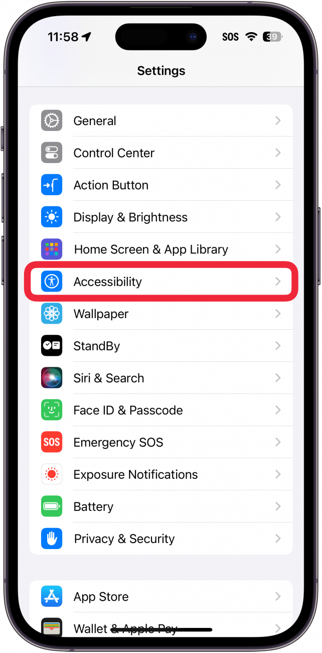 definições do iphone com uma caixa vermelha à volta da acessibilidade