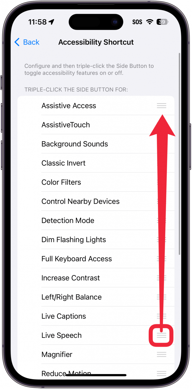 Raccourcis d'accessibilité pour iphone avec un cadre rouge autour de l'icône hamburger et une flèche rouge pointant vers le haut, indiquant qu'il faut appuyer sur l'icône et la maintenir enfoncée, puis la faire glisser vers le haut