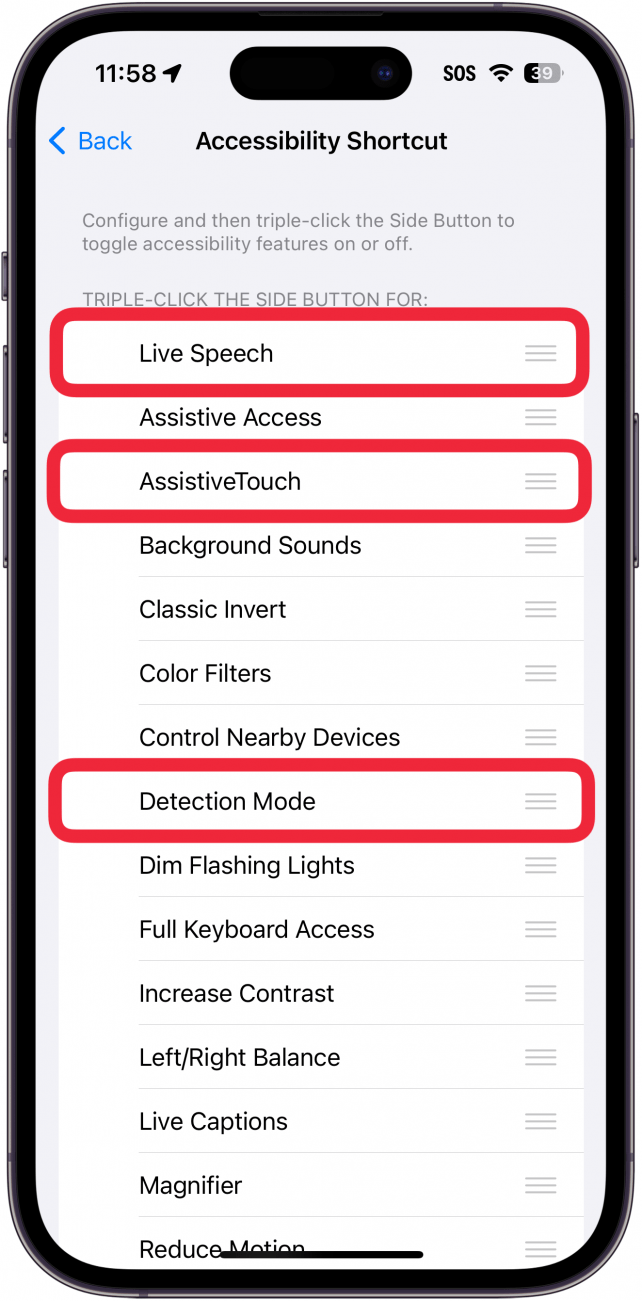 Raccourcis d'accessibilité pour iphone avec des encadrés rouges autour des fonctions "live speech", "assistive touch" et "detection mode".