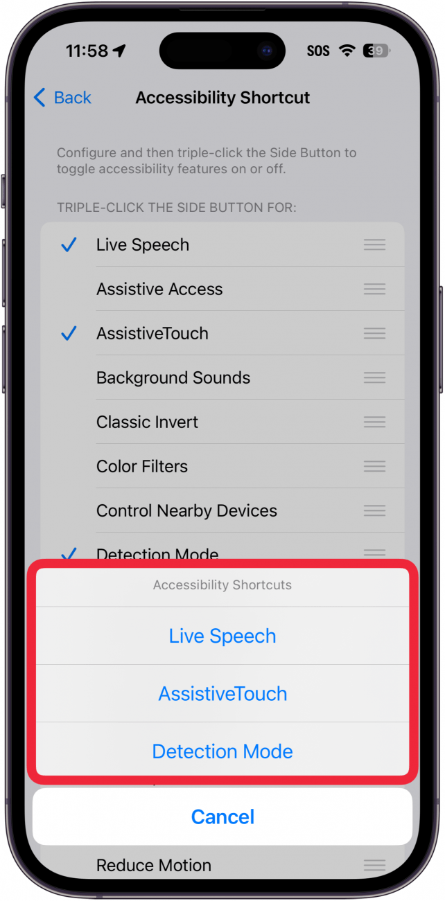 iphone-Einstellungen, die das Kontextmenü für Barrierefreiheit anzeigen, nachdem der Benutzer dreimal auf die Seitentaste geklickt hat, mit einem roten Rahmen um die Menüoptionen für Live-Sprache, unterstützende Berührung und Erkennungsmodus