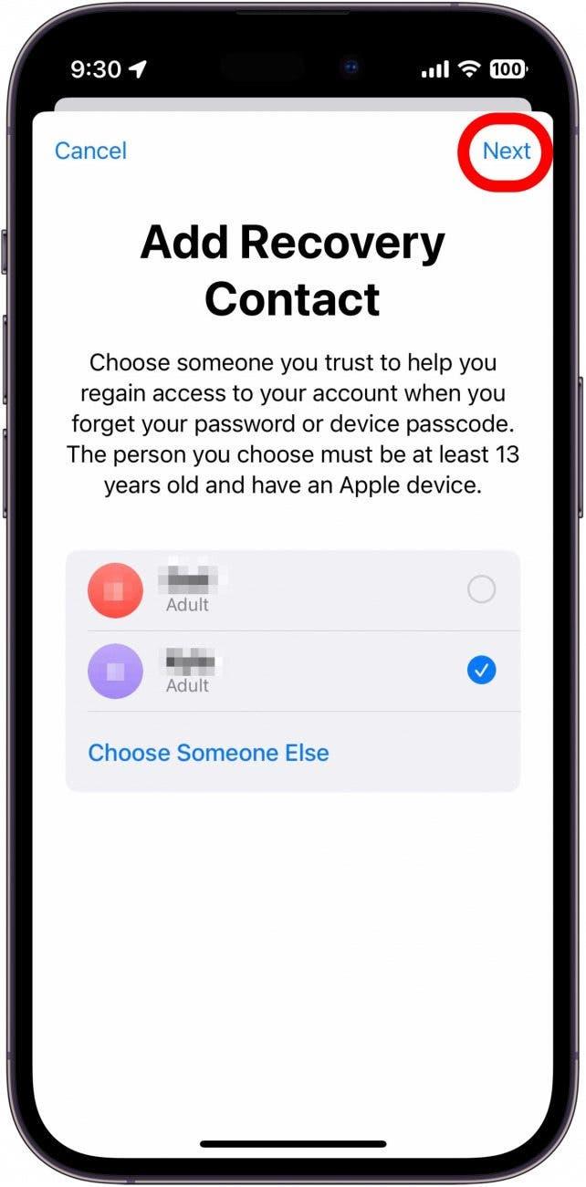 apple id recovery contact setup process displaying a list of contacts with one selected and a red box around the next button