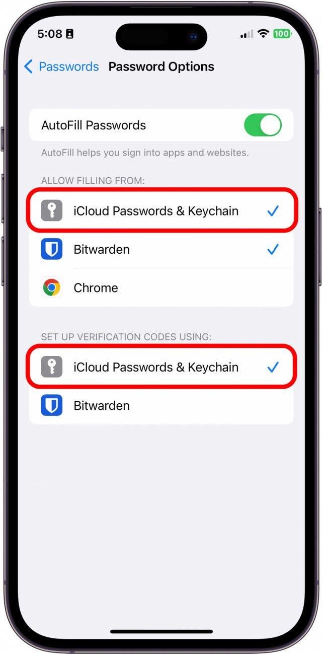 Assurez-vous que l'option Mots de passe et trousseau iCloud est cochée dans les deux sections Autoriser le remplissage à partir de et Configurer les codes de vérification à l'aide de.