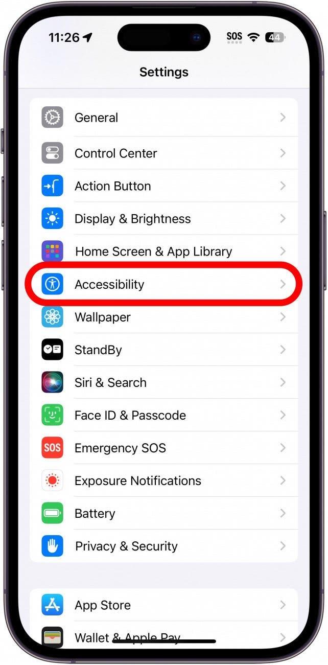 pantalla de ajustes del iphone con la accesibilidad rodeada en rojo